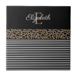 Chic Monogram Leopard Print Tile<br><div class="desc">Chic and pretty monogram leopard print and black and white striped decorative tile.  Personalise them with your monogram name and initial. Designed for you by Blackberry Boulevard.</div>
