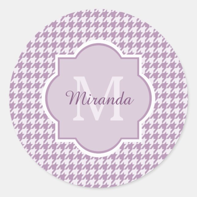 Chic Monogram Light Purple Houndstooth With Name Classic Round Sticker (Front)