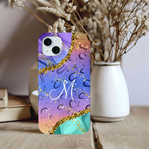 Chic Monogram M Gold Rainbow Colours Rain Droplets iPhone 15 Mini Case