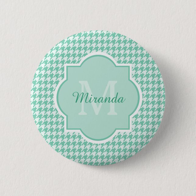 Chic Monogram Mint Green Houndstooth With Name 6 Cm Round Badge (Front)