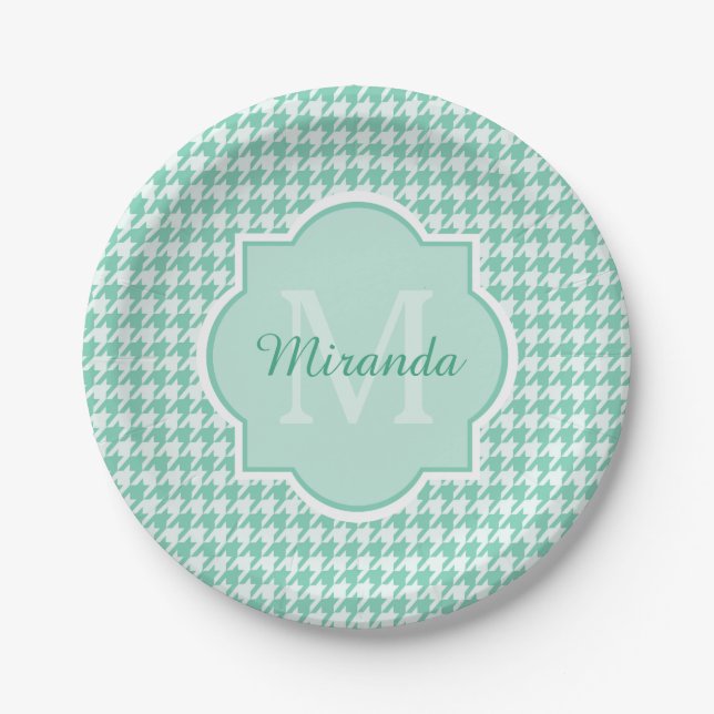 Chic Monogram Mint Green Houndstooth With Name Paper Plate (Front)