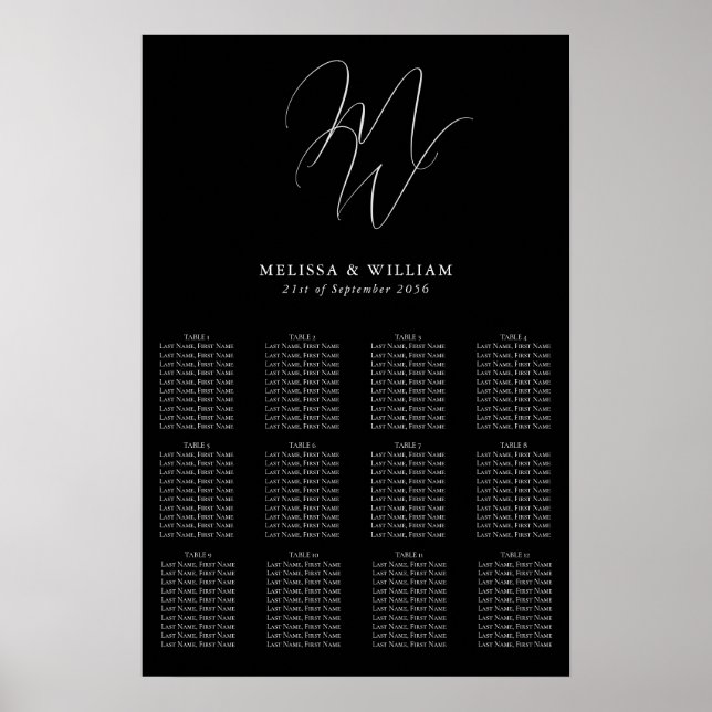 Chic Monogram Modern Black Wedding Seating Chart (Front)