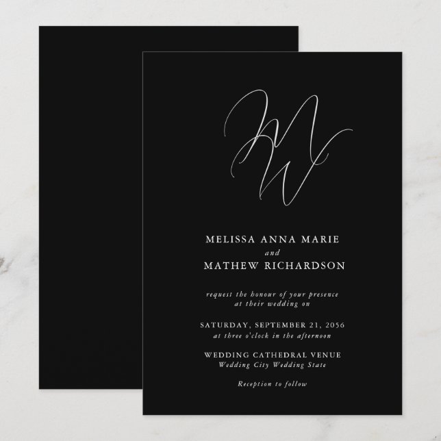 Chic Monogram Modern Black & White Wedding Invitation (Front/Back)