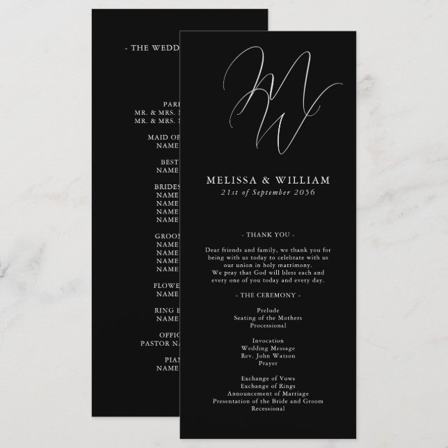 Chic Monogram Modern Black & White Wedding Programme (Front/Back)
