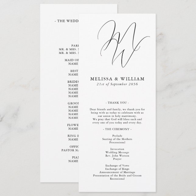 Chic Monogram Modern Initials White Wedding Programme (Front/Back)