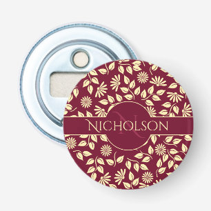 Chic Monogram Name Leaf Daisy Pattern Burgundy Bottle Opener