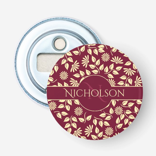 Chic Monogram Name  Leaf Daisy Pattern Burgundy Bottle Opener (Front)