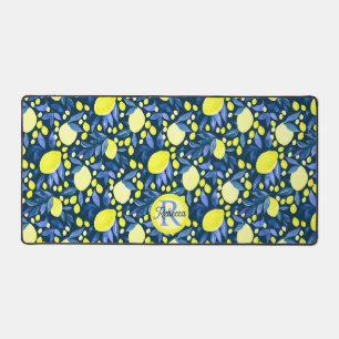 Chic Monogram Name Rustic Citrus Lemons Blue Leaf Desk Mat