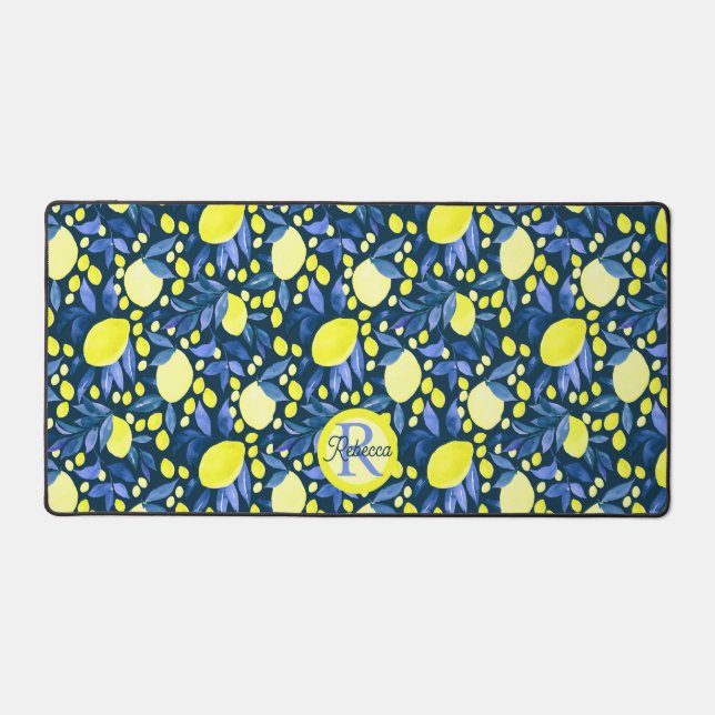 Chic Monogram Name Rustic Citrus Lemons Blue Leaf Desk Mat (Front)