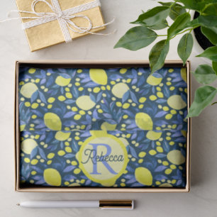 Chic Monogram Name Rustic Citrus Lemons Blue Leaf Tissue Paper
