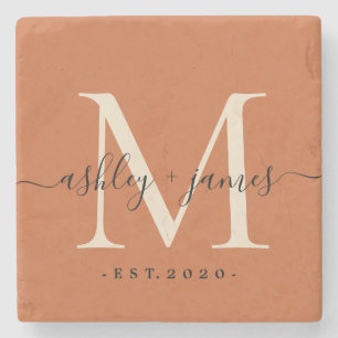 Chic Monogram Names Wedding Date Burnt Orange Stone Coaster