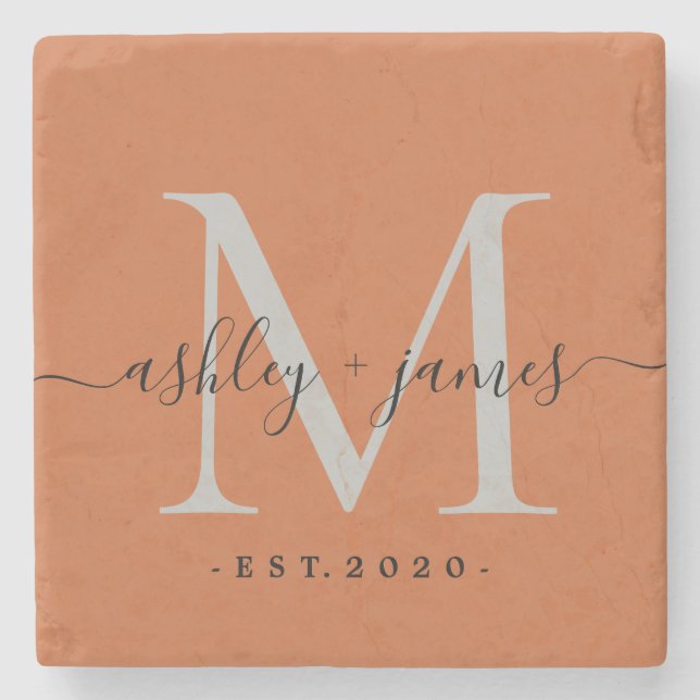 Chic Monogram Names Wedding Date Burnt Orange Stone Coaster (Front)