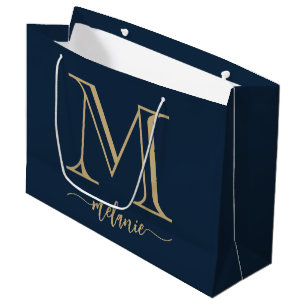 Chic Monogram Navy Blue Gold Large Gift Bag