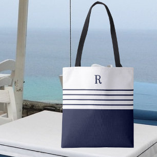 Chic Monogram Navy Blue Striped  Tote Bag