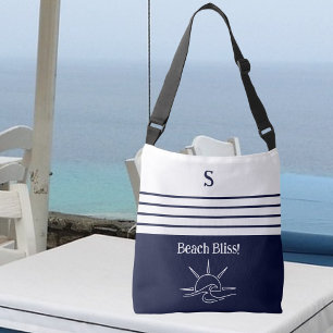 Chic Monogram Navy Blue Stripes Coastal Nautical Crossbody Bag
