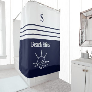 Chic Monogram Navy Blue  White Stripes Beach House Shower Curtain