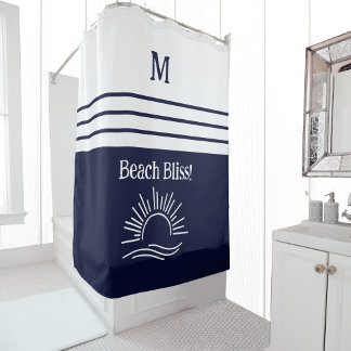 Chic Monogram Navy Blue White Stripes Beach House Shower Curtain