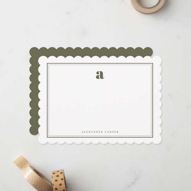 Chic Monogram Olive Green Two Border Scalloped Card (Front/Back In Situ)