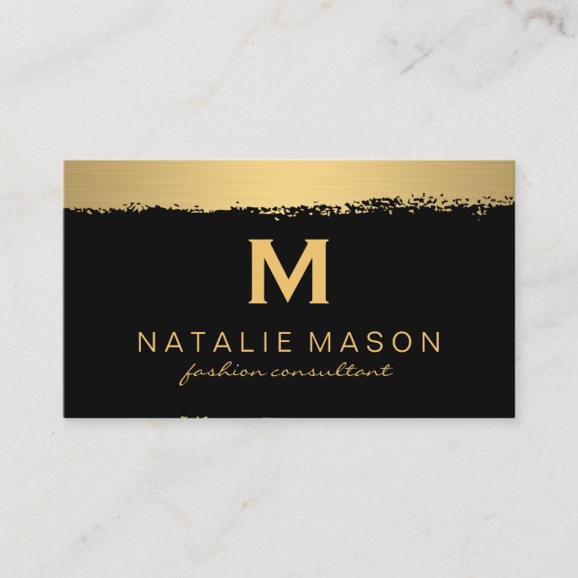Chic Monogram on Black/Gold Brushed Business Card (Front)