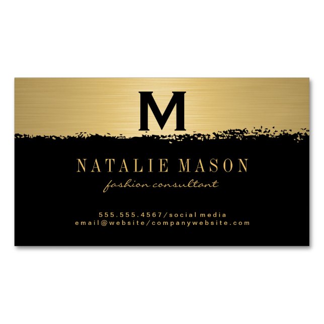 Chic Monogram on Black/Gold Brushed Magnetic Business Card (Front)