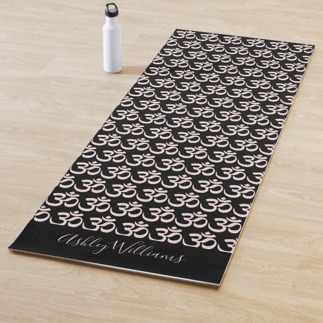 Chic Monogram Pastel Pink Om Symbol Pattern Black Yoga Mat (In Situ)