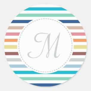 Chic Monogram Pastel Rainbow Horizontal Stripes Classic Round Sticker