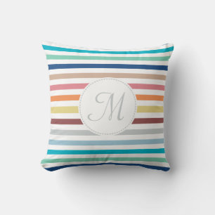 Chic Monogram Pastel Rainbow Horizontal Stripes Cushion