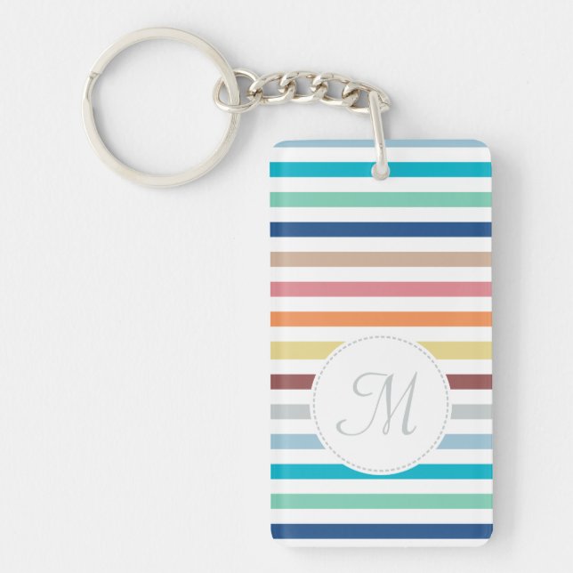 Chic Monogram Pastel Rainbow Horizontal Stripes Key Ring (Front)