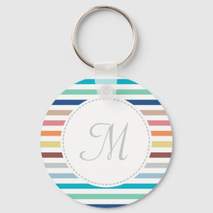 Chic Monogram Pastel Rainbow Horizontal Stripes Key Ring