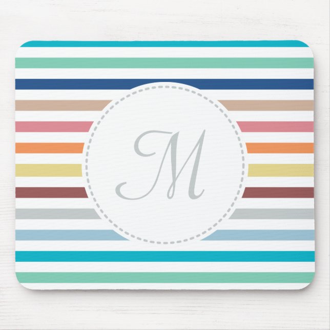 Chic Monogram Pastel Rainbow Horizontal Stripes Mouse Mat (Front)