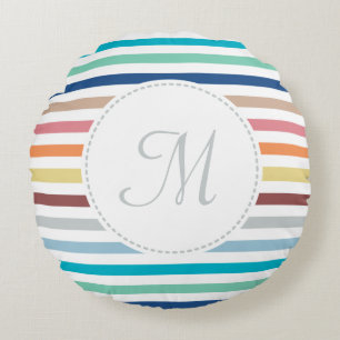 Chic Monogram Pastel Rainbow Horizontal Stripes Round Cushion
