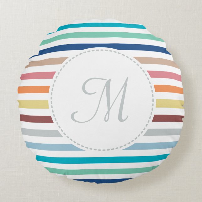 Chic Monogram Pastel Rainbow Horizontal Stripes Round Cushion (Front)