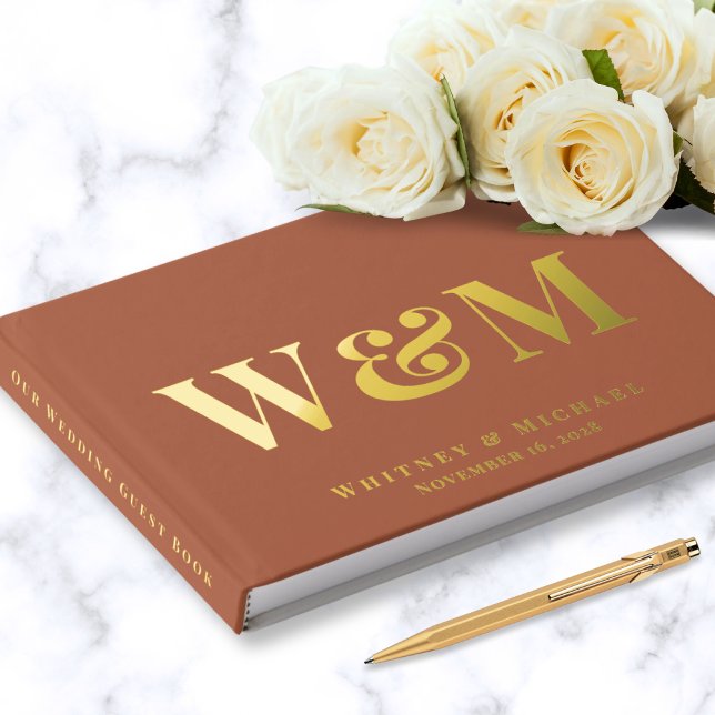 Chic Monogram Photo Terracotta Wedding Guest Book (Creator Uploaded)