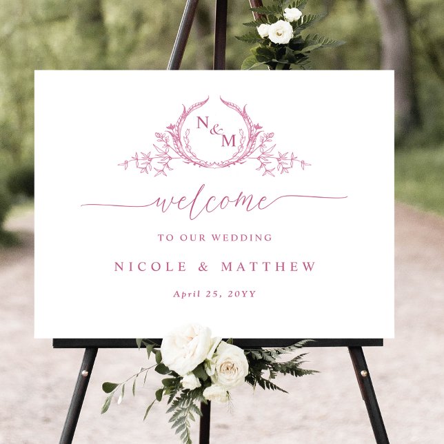 Chic Monogram Pink and White Wedding Welcome Sign (Creator Uploaded)