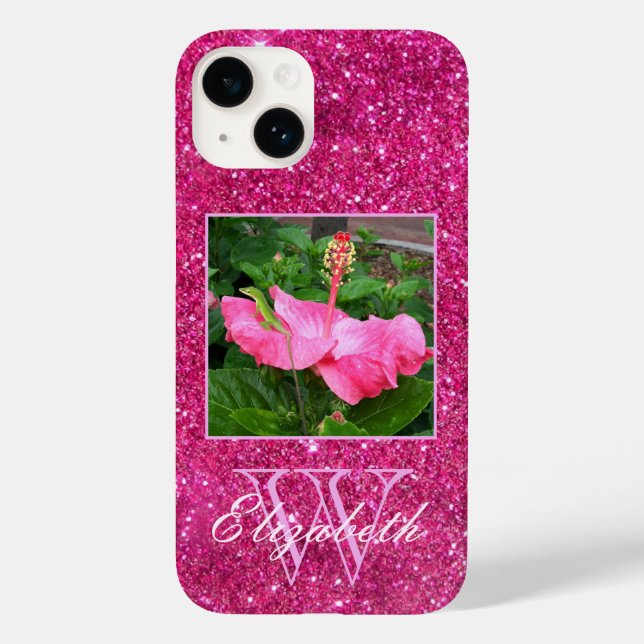 Chic Monogram Pink Glitter Custom Photo Case-Mate iPhone Case (Back)