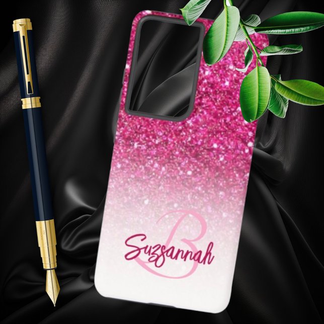 Chic Monogram Pink Glitter Ombre First Name Samsung Galaxy S21 Ultra Case (Samsung phone case back with faux pink glitter and template monogram and name text)
