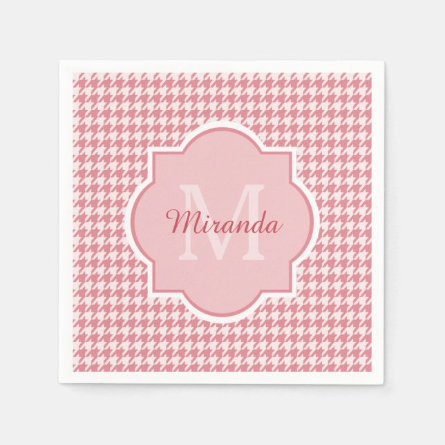 Chic Monogram Pink Houndstooth With Name Napkin (Front)