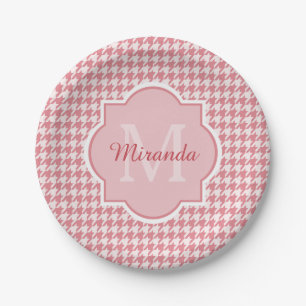 Chic Monogram Pink Houndstooth With Name Paper Plate