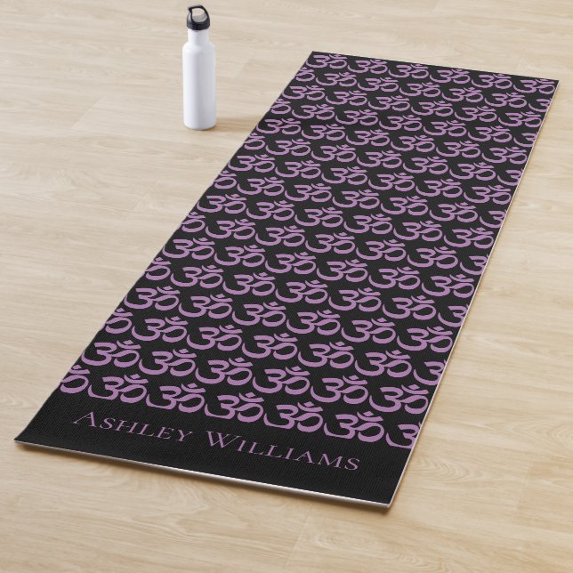 Chic Monogram Purple Om Symbol Pattern Black Yoga Mat (In Situ)