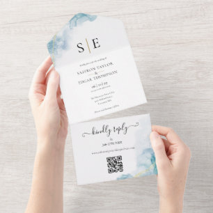 Chic  Monogram QR Code Blue Watercolor Wedding All In One Invitation