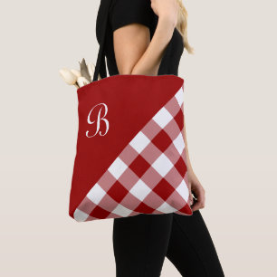 Chic Monogram Red White Buffalo Check Geometric Tote Bag