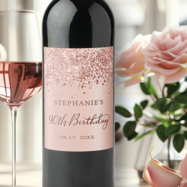 Chic Monogram Rose Gold Foil Glitter 90th Birthday Wine Label (Creator Uploaded)
