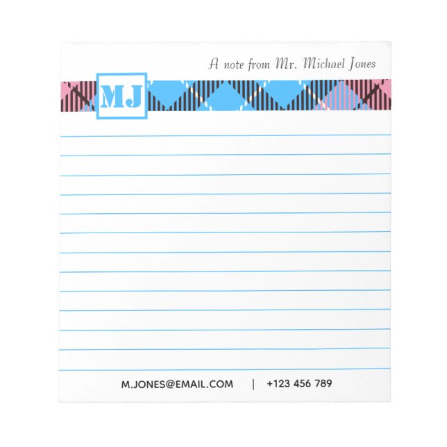 Chic Monogram Script Name Plaid Professional Lined Notepad (Front)