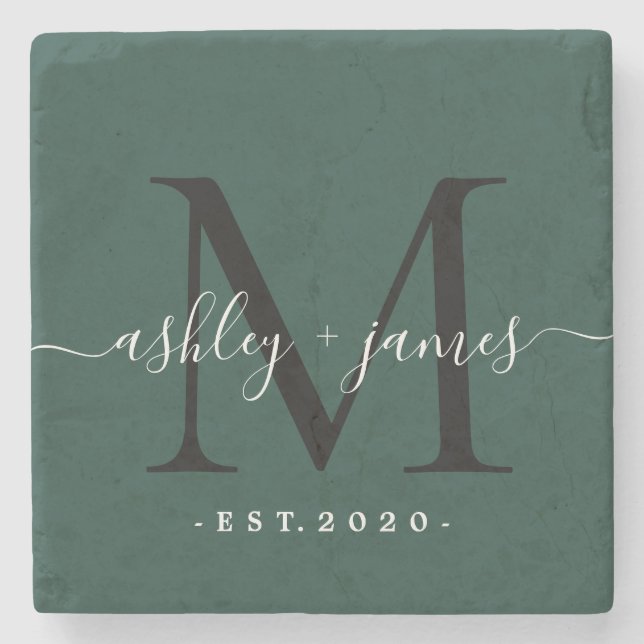  Chic Monogram Script Name Wedding Date Dark Green Stone Coaster (Front)