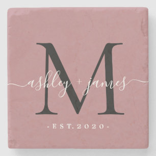 Chic Monogram Script Name Wedding Date Dusty Rose Stone Coaster