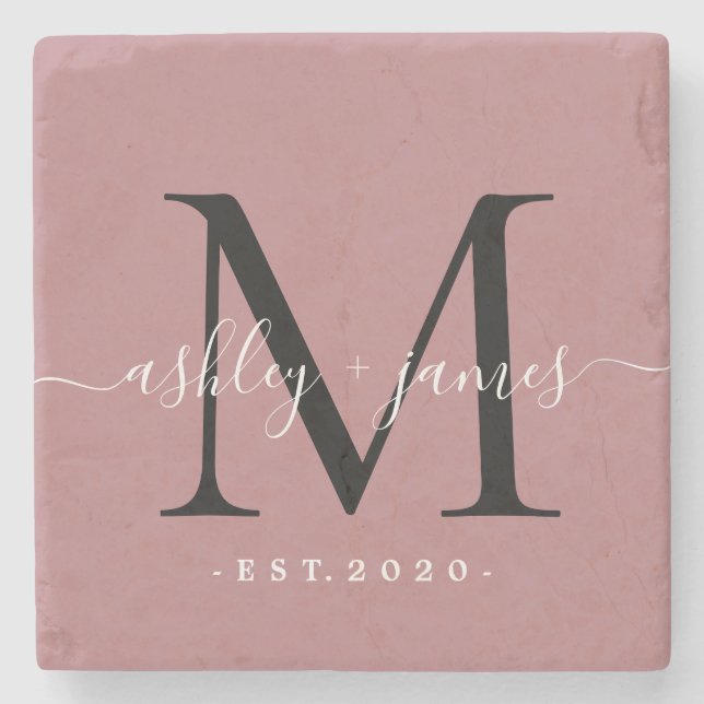  Chic Monogram Script Name Wedding Date Dusty Rose Stone Coaster (Front)