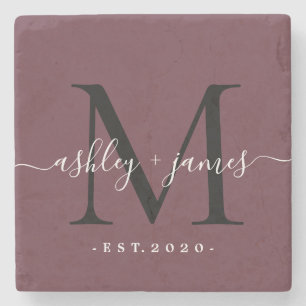  Chic Monogram Script Names Wedding Date Burgundy Stone Coaster