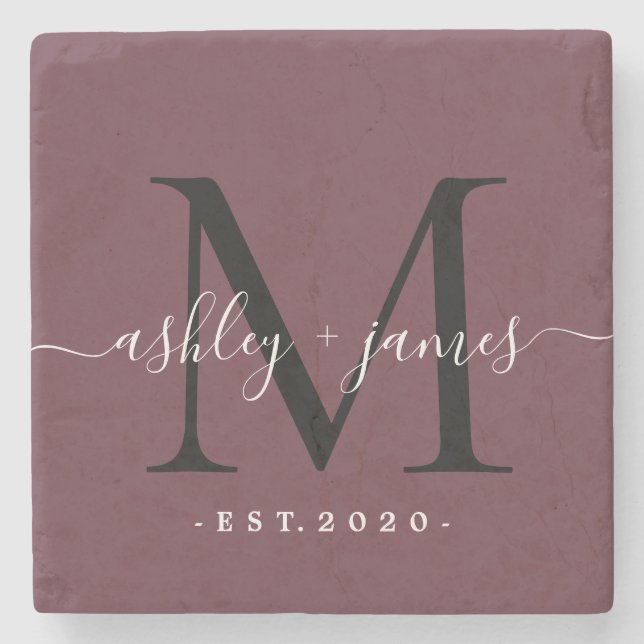  Chic Monogram Script Names Wedding Date Burgundy Stone Coaster (Front)