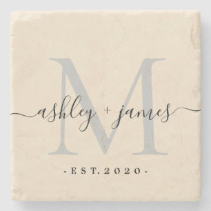 Chic Monogram Script Names Wedding Date Ivory Stone Coaster