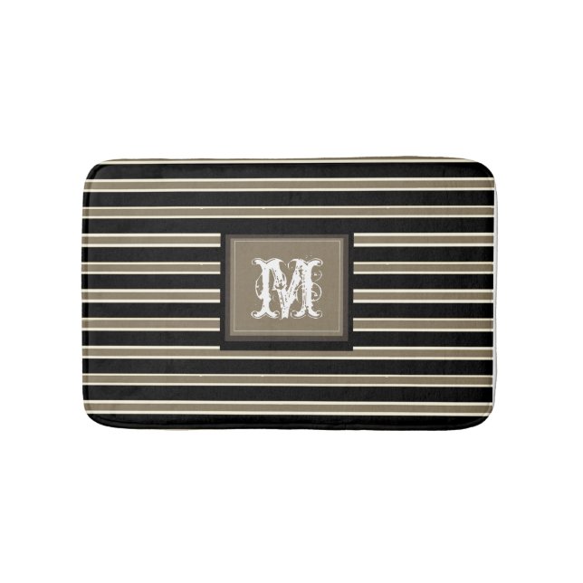 Chic Monogram & Simple White Beige Black Stripes Bath Mat (Front)